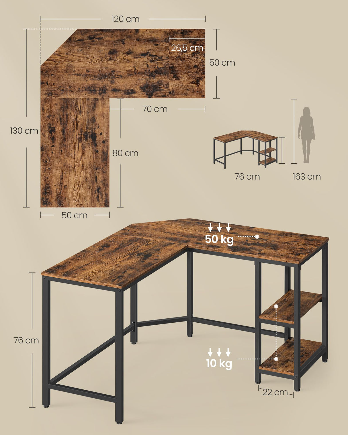 VASAGLE Escritorio, Mesa de Ordenador en Forma de L, 120 x 130 x 76 cm, Esquina con 2 Estantes, Ahorra Espacio, para Oficina Casa, Juegos, Marrón Rústico y Negro Tinta LWD123K01