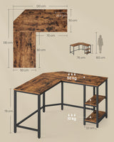 VASAGLE Escritorio, Mesa de Ordenador en Forma de L, 120 x 130 x 76 cm, Esquina con 2 Estantes, Ahorra Espacio, para Oficina Casa, Juegos, Marrón Rústico y Negro Tinta LWD123K01