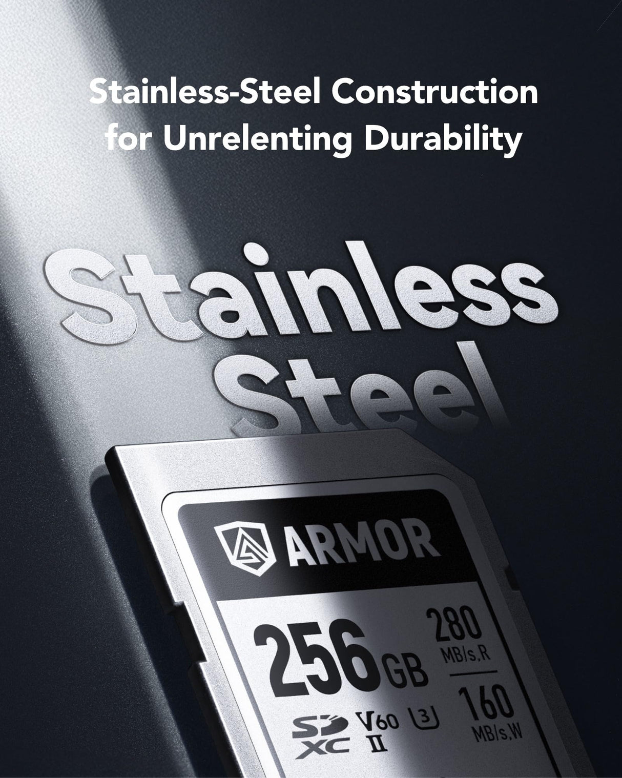 Lexar Armor Silver Pro Tarjeta SD 256 GB, Tarjeta de Memoria SD UHS-II, Acero Inoxidable, C10, U3, V60, vídeo 6K UHD, hasta 280 MB/s de Lectura, 160 MB/s de Escritura, Tarjeta SDXC para DSLR/cámaras