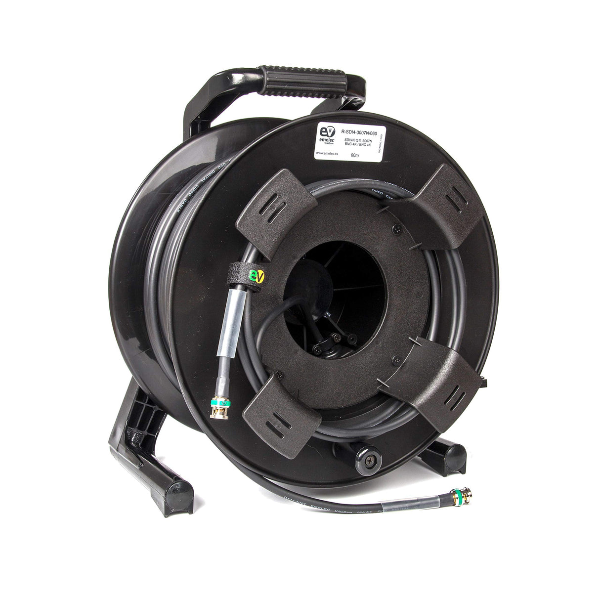 Emelec VíasCom R-SDI-3007N/100 – 100m Cable Video 4K-UHD 6G-SDI (1.0/4.6/7.0) montado en Portacables con BNC 4K-UHD – Conductor Unifilar – Color Negro – PVC Flexible