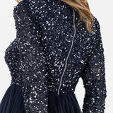 Maya Deluxe Maya Vestido Midi Adornado con La Parte Delantera de Deformación Falsa Dama de Honor, Azul Marino, 40 para Mujer
