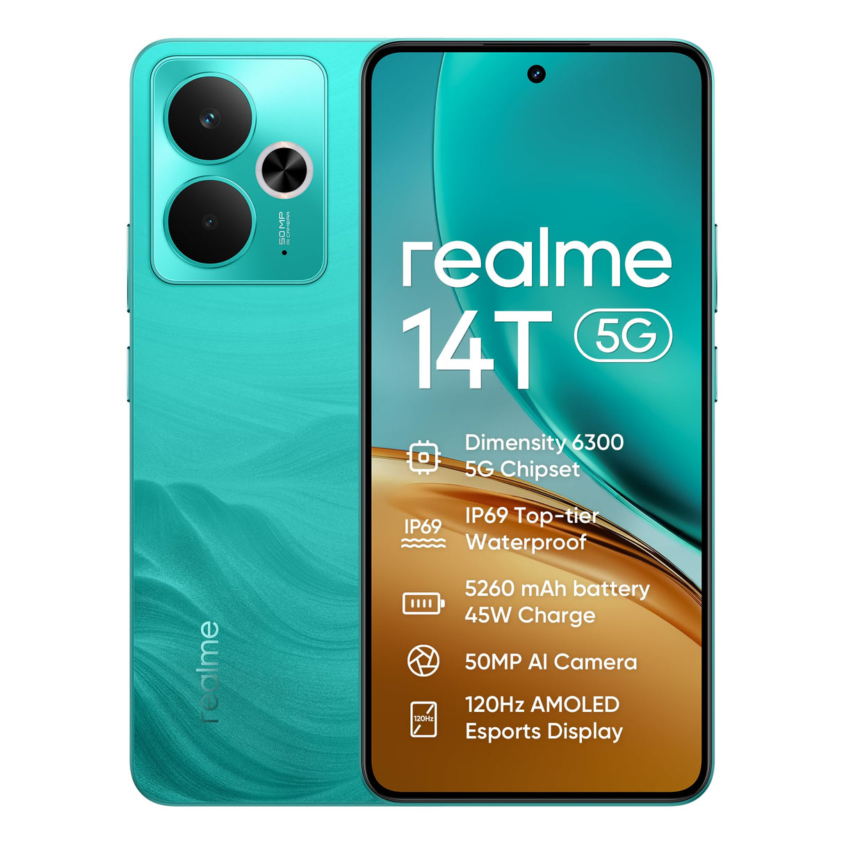 realme 14T Smartphone 5g, 8+256GB,Batería 5260 mAh,Procesador Dimensity 6300,IP69, Cámara de 50MP,Pantalla AMOLED para Esports de 120 Hz,Verde Surf,Exclusivo de Amazon (Sin Adaptador)