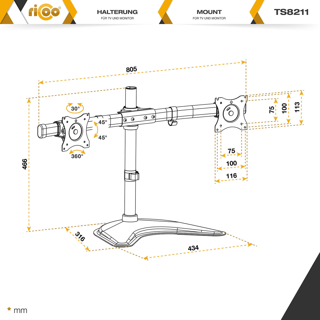 RICOO Soporte Monitor Mesa Base articulado Giratorio Inclinable Pantalla PC 13-27" (33-69cm) TS8211 Stand para monitores VESA 75x75 100x100