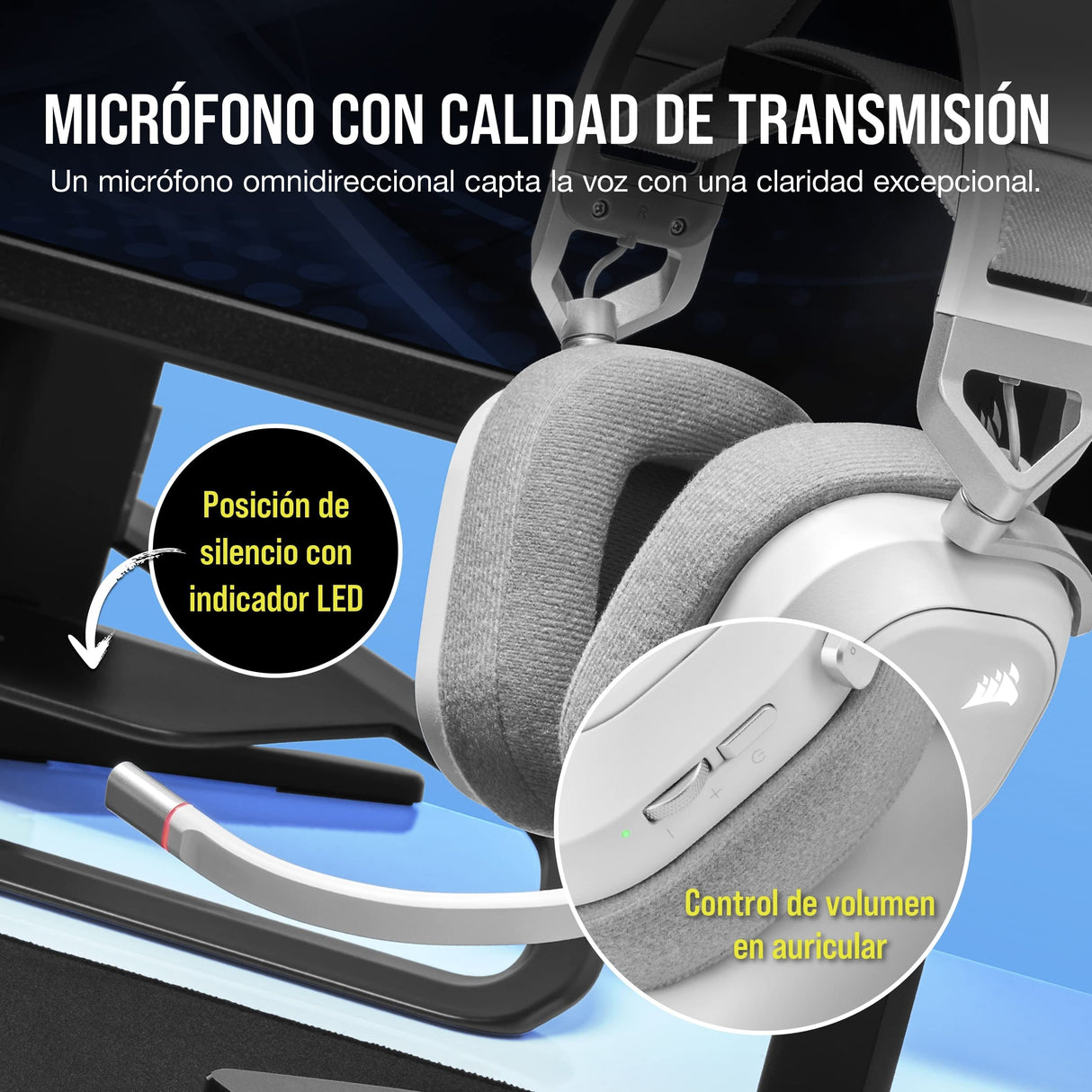 Corsair HS80 RGB WIRELESS Auriculares Inalámbricos para Juegos Multiplataforma RGB - Dolby Atmos - Micrófono Omnidireccional - Compatible con iCUE - PC, Mac, PS5, PS4 - Blanco