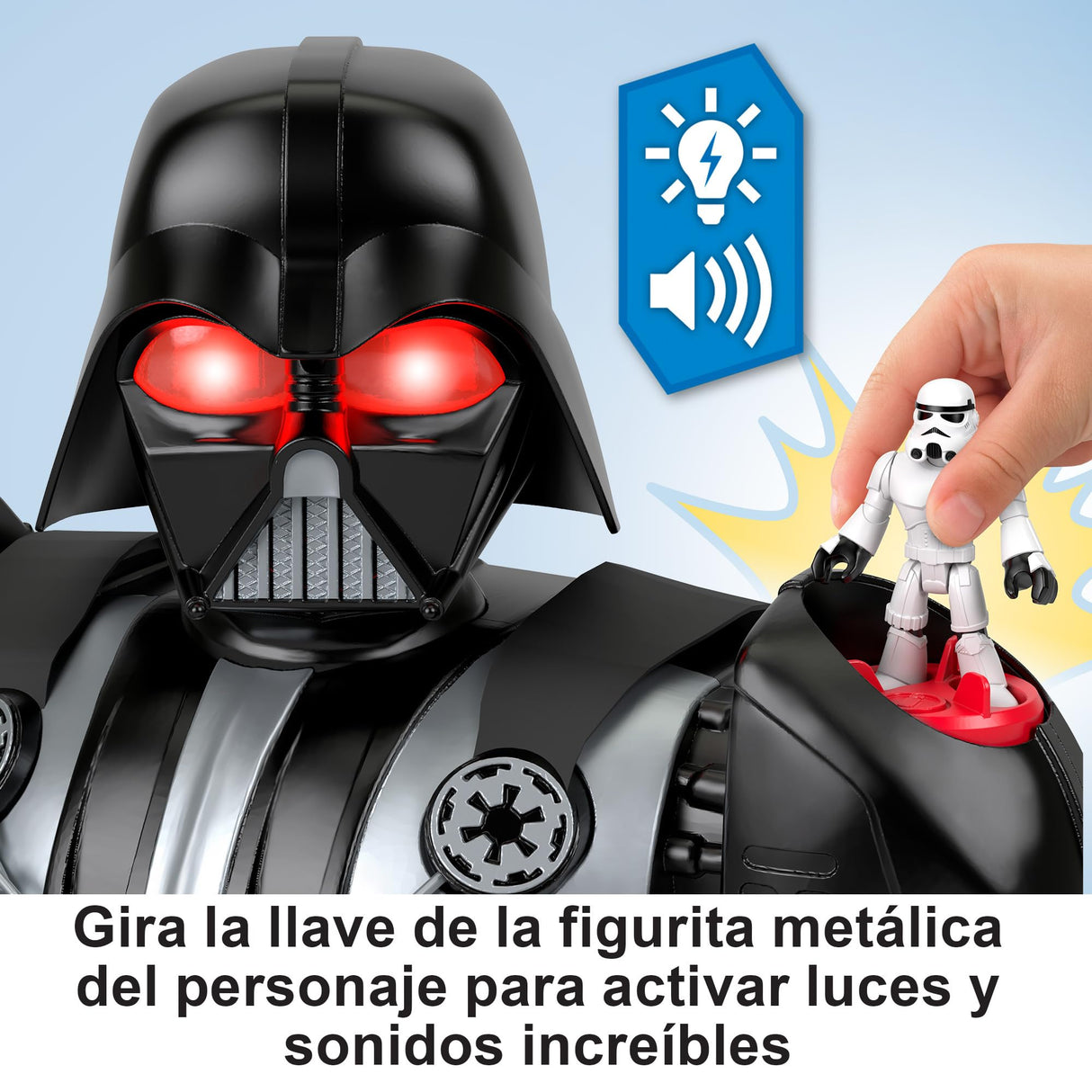 Fisher-Price Imaginext Star Wars Robot de Darth Vader de 60 cm con luces y sonidos, con sable láser, lanzador y figura de soldado imperial, juguete +3 años (HXG51)