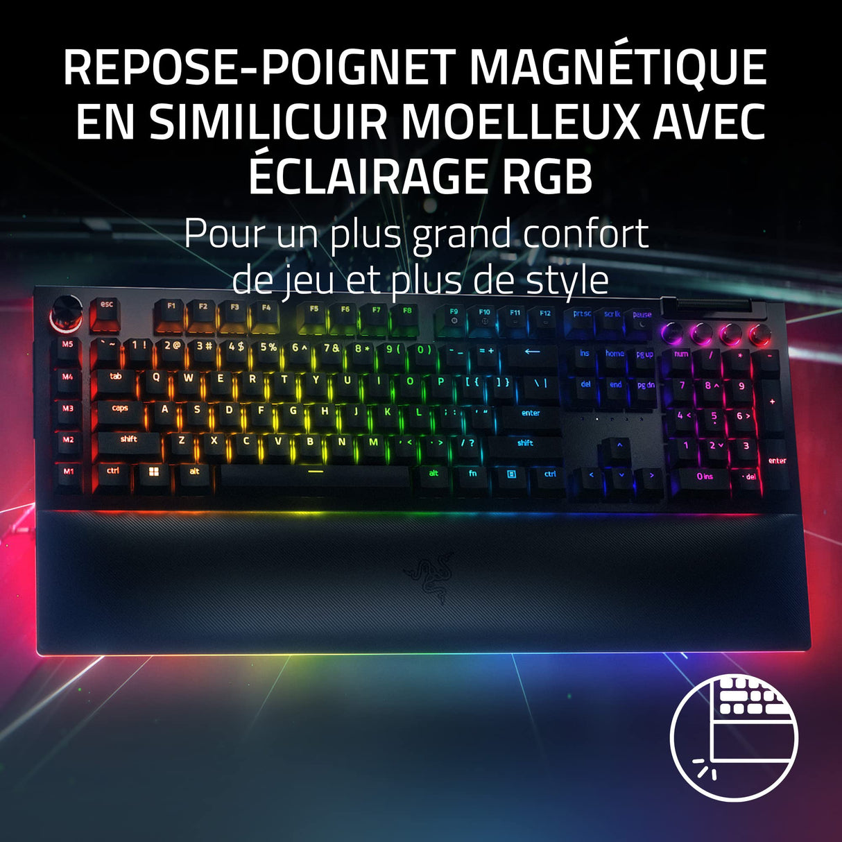 Razer BlackWidow V4 Pro (Switches Amarillo) - Teclado Gamer Mecánico (Interruptores Mecánicos Silenciosos, Rueda de 8 Teclas Macro Dedicadas, Reposamanos de Imitación, RGB Chroma) Teclado FR | Negro