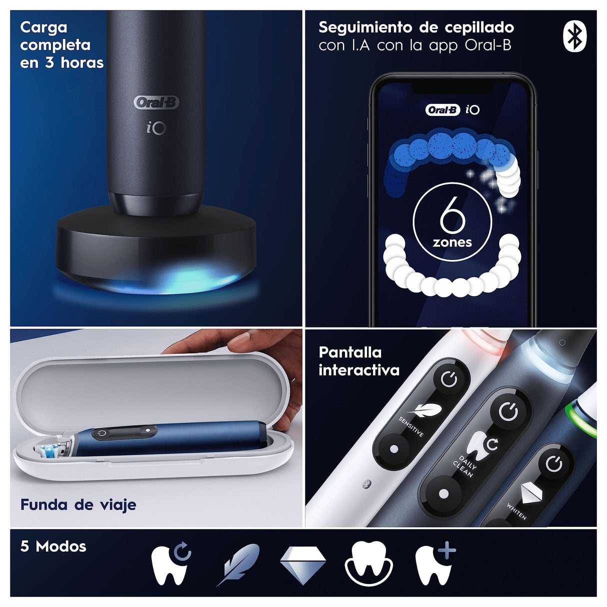 Oral-B iO 7 Oral-B iO 7N Cepillo de Dientes Eléctrico Azul, con 2 Cabezales y 1 Estuche de Viaje, Diseñado por Braun