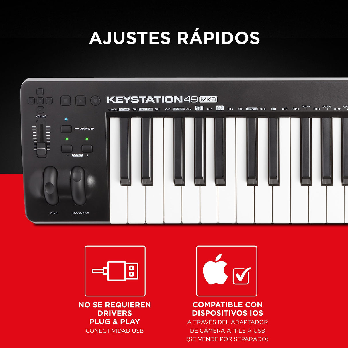 M-Audio Keystation 49 MK3 - Teclado Controlador MIDI USB Compacto de 49 teclas con controles asignables, ruedas de cambio de tono/modulación, conectividad Plug-and-Play (Mac/PC) y software incluida