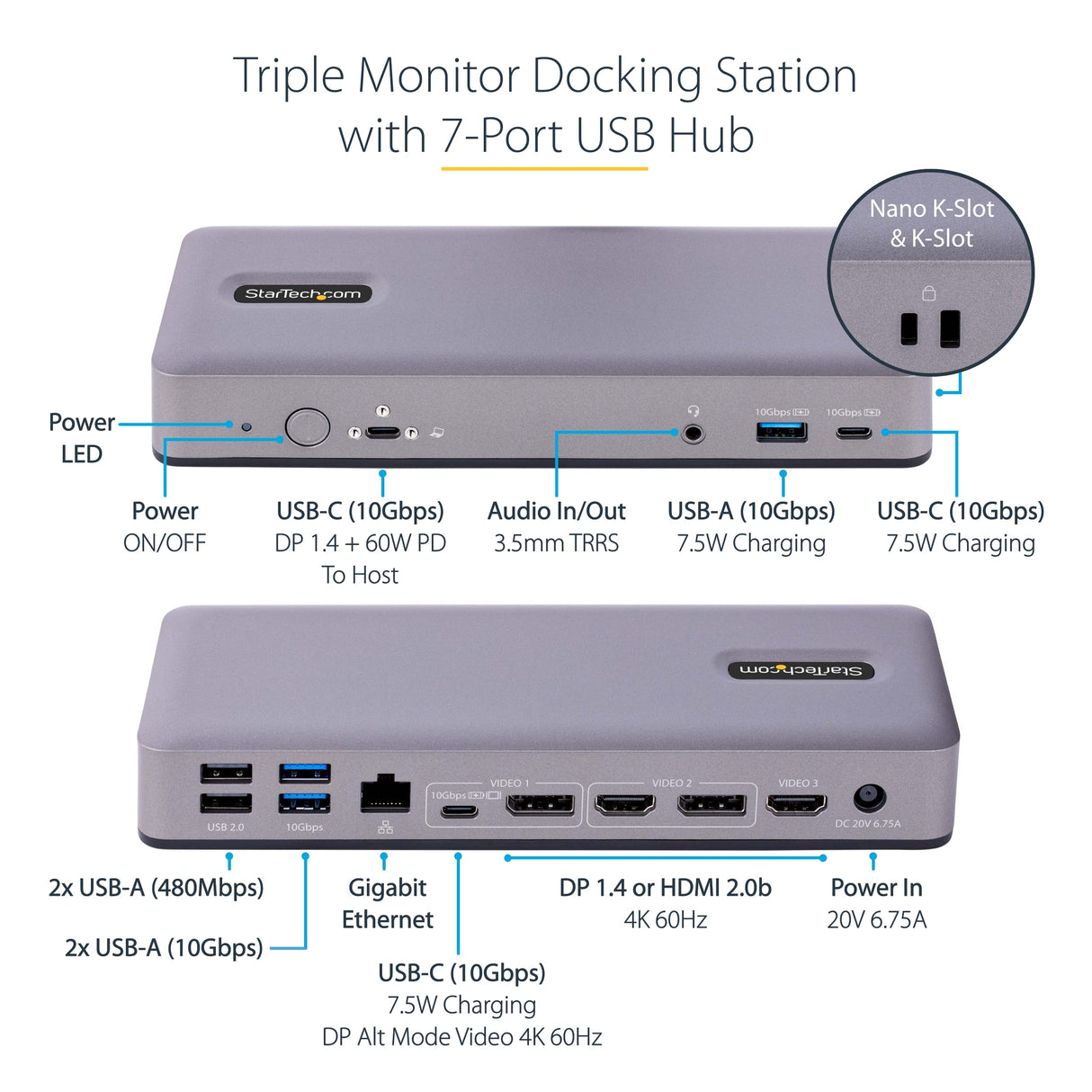 StarTech.com Docking Station USB-C 4K30 Triple /4K60 Doble - Modo Alt DP/DP/HDMI - Hub USB de 7 Puertos - PD 3.0 - GbE - Audio - K-Slots - Works With Chromebook - Replicador de Puertos (DK31C3MNCRUE)