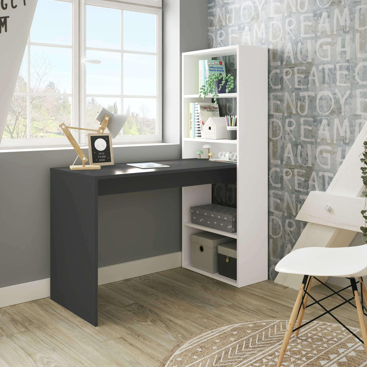 Habitdesign, Escritorio con Estanteria Reversible, Blanco Artik y Gris Antracita, Modelo Duplo, Medidas: 120 cm (Ancho) x 53 cm (Fondo) x 144 cm (Alto)