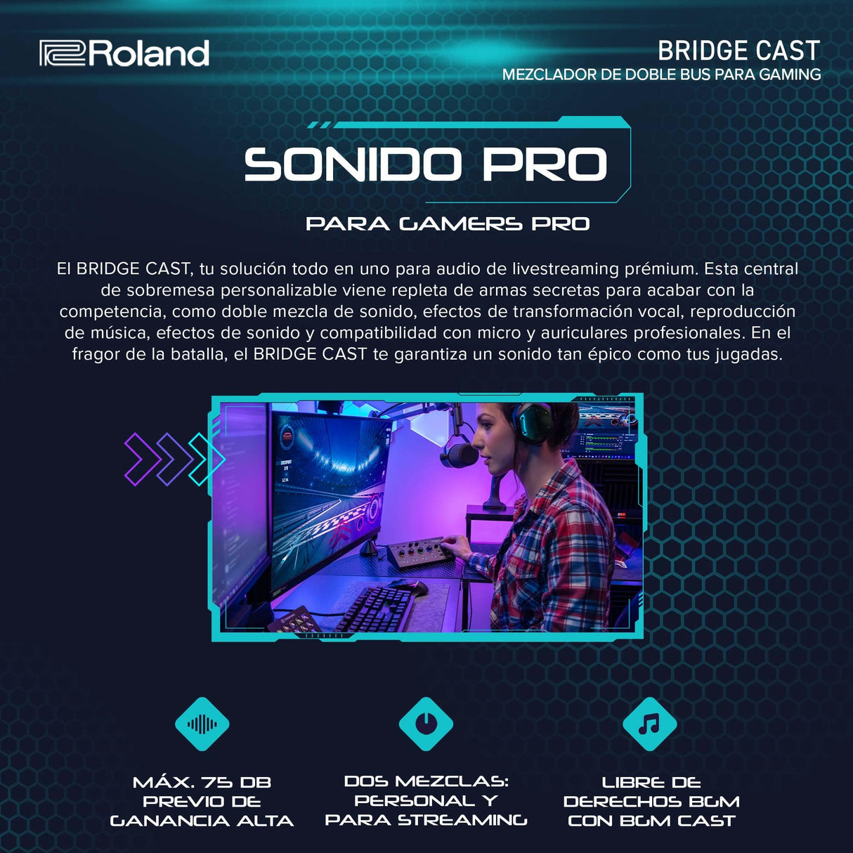 Mezclador de doble bus para gaming Roland BRIDGE CAST | Interfaz de streaming de audio y mezclador profesional para gamers online | DSP de hardware de 32 bits | Negro