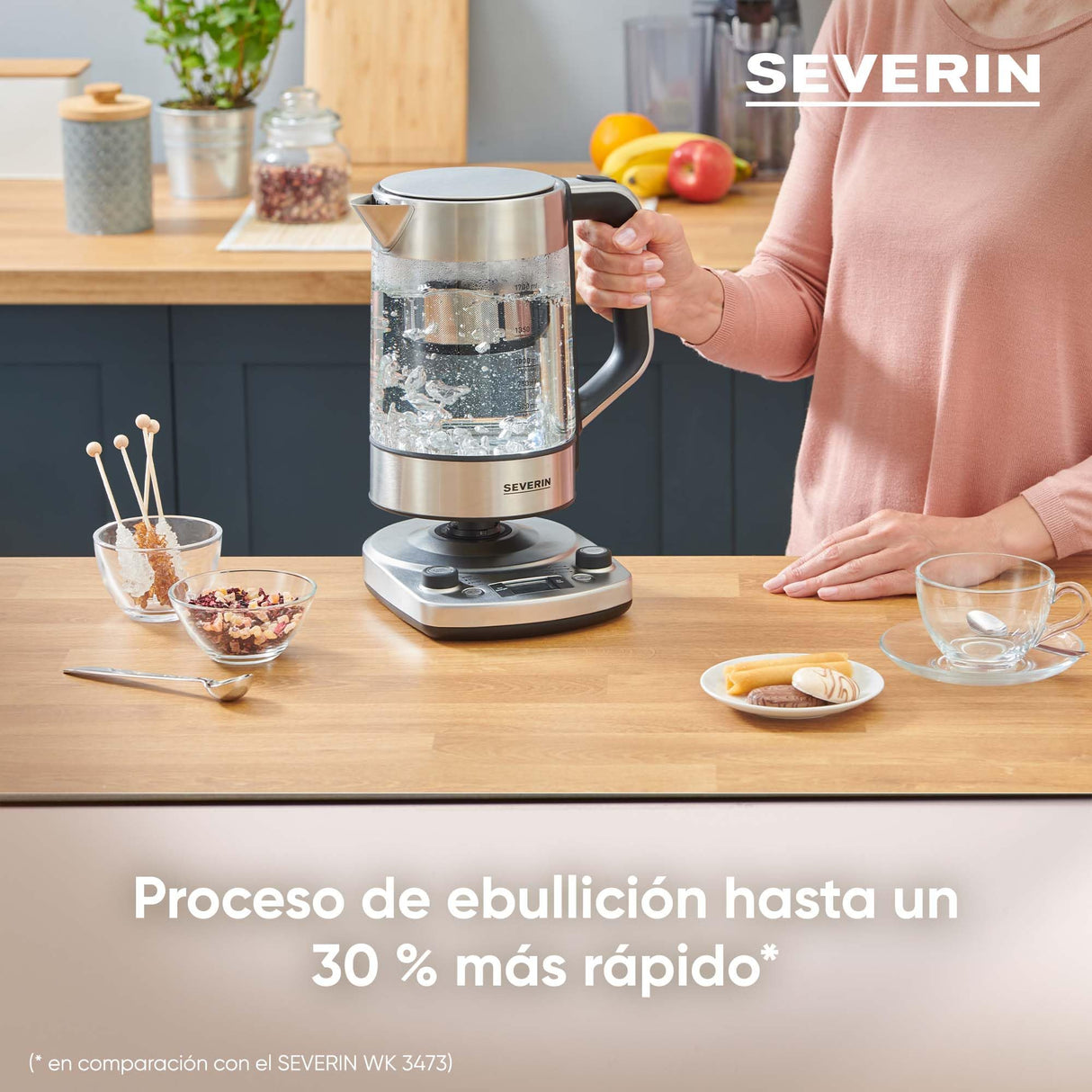 SEVERIN - Hervidor de té y agua de cristal con elevación automática, 1.7 L, 3000 W, Elemento calefactor oculto por placa de acero inoxidable, acero inoxidable y cristal, WK 3422