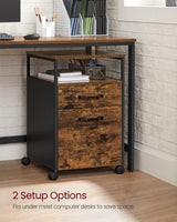 VASAGLE Archivador Móvil con 2 Cajones, Archivador de Oficina con Ruedas, Compartimento Abierto, Marco de Acero, Estilo Industrial, Marrón Rústico y Negro Tinta OFC71X
