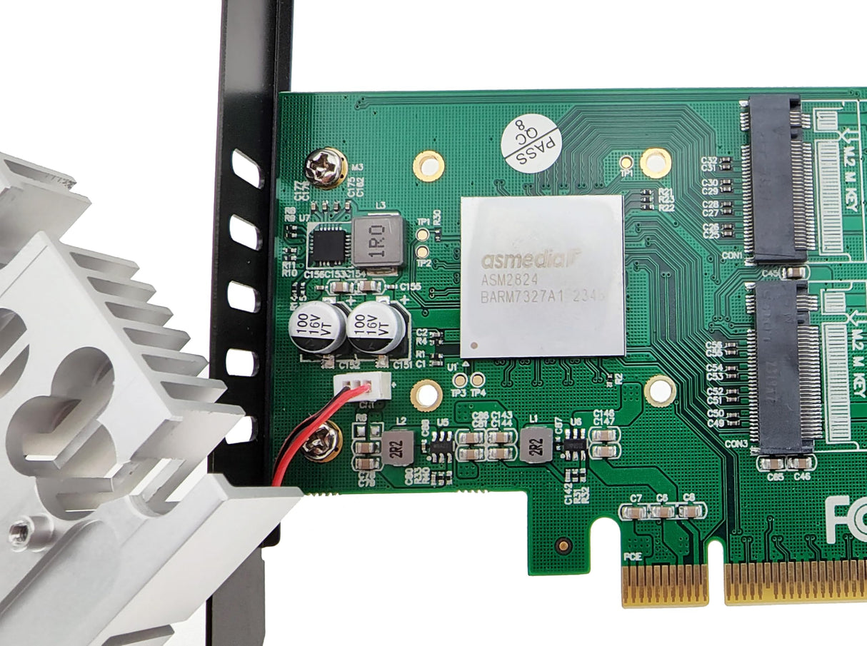 KALEA-INFORMATIQUE Tarjeta controladora PCIe 3.0 16x de Doble Cara para 4 SSD M.2 NVMe M Key (M2 NGFF) con ventilación Forzada. CHIPSET ASM2824.
