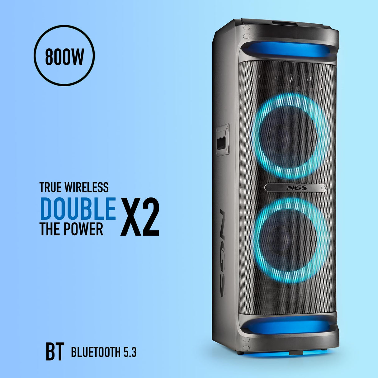NGS Wild Space 3 - Altavoz Portátil, Compatible con tecnología Bluetooth, True Wireless Stereo, Subwoofer + Doble Tweeter, Micro SD/USB/AUX IN, Ruedas, Color Negro
