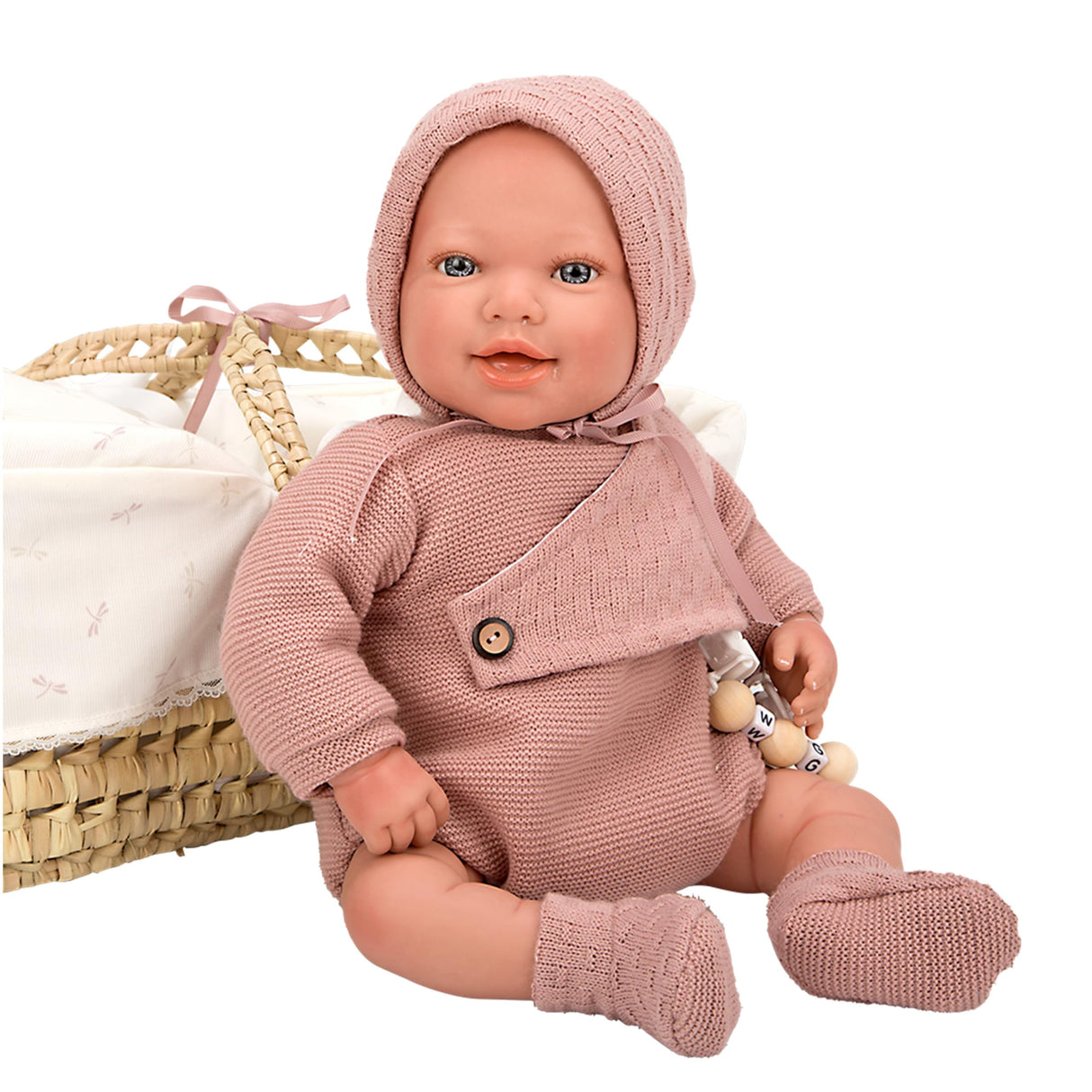 ARIAS - Muñeca Reborn Avana de 45 cm con Canastilla Mimbre, Bebé Realista con Ropita Rosa, Chupete y Chupetero, Extremidades de Vinyl y Cuerpo Blando, Juguete para Niños y Niñas +3 años (ARI98122)