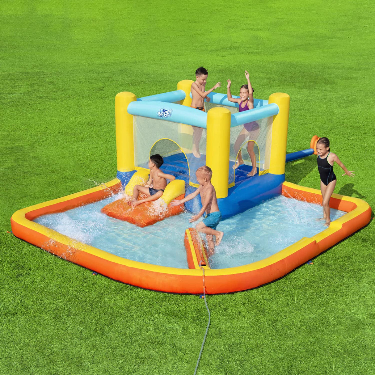 BESTWAY-8321900 Does Not Apply Parque Acuatico con Cama Elastica Hinchable 365x340x152 cm. Inflador Electrico Incluido, Multicolor, Talla única (53381)