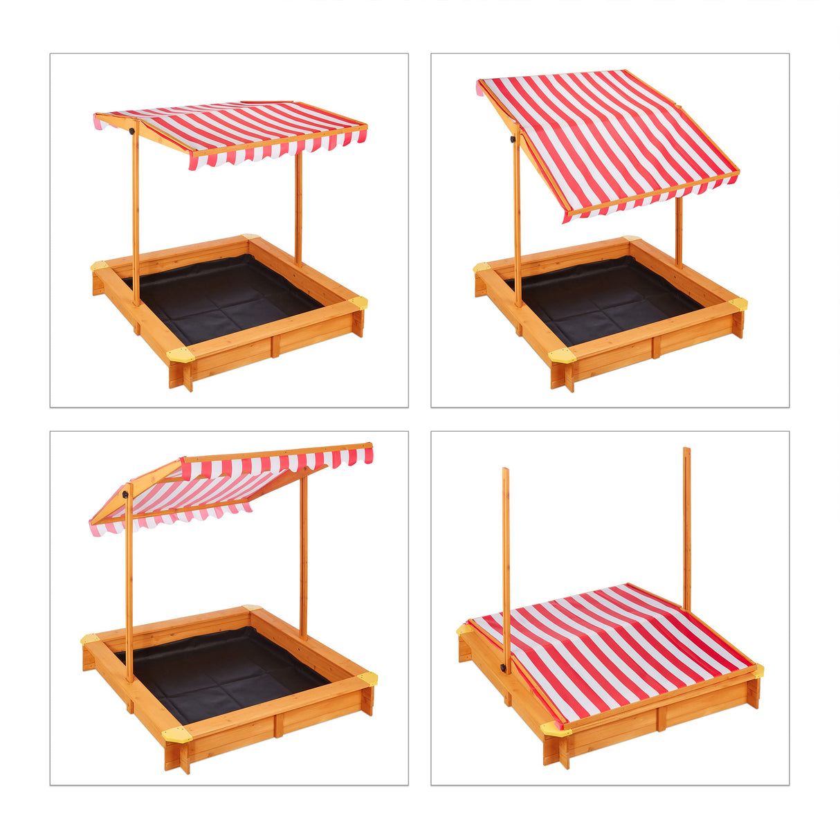 Relaxdays Arenero Niños con Techo Regulable, 117 x 117 x 117 cm, Cajón de Arena con Forro, Madera de Abeto, Natural, Poliéster