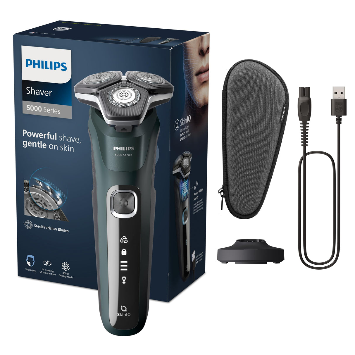 Philips Serie 5000 Afeitadora Eléctrica Hombre, Máquina de Afeitar Barba con Recortadora, 45 cuchillas, Cuida la piel, 60min de uso, En Seco y Húmedo, Recargable, Funda, Base Carga, S5884/35, Verde