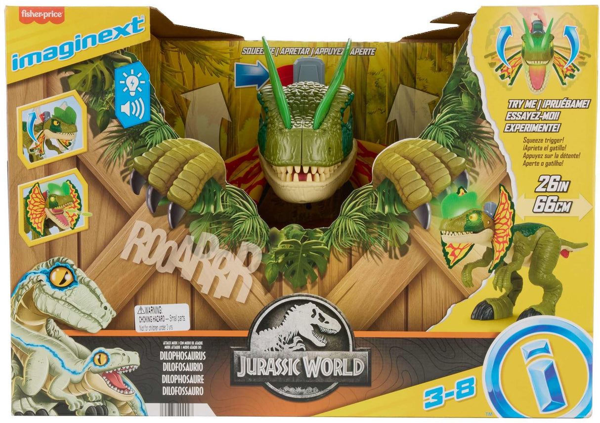 Fisher-Price Imaginext Jurassic World Thrash Attack Dilophosaurus, Dinosaurio de Juguete Extragrande con Luces y Sonidos Que Lanza proyectiles, Regalo para niños y niñas +3 años, HVY16