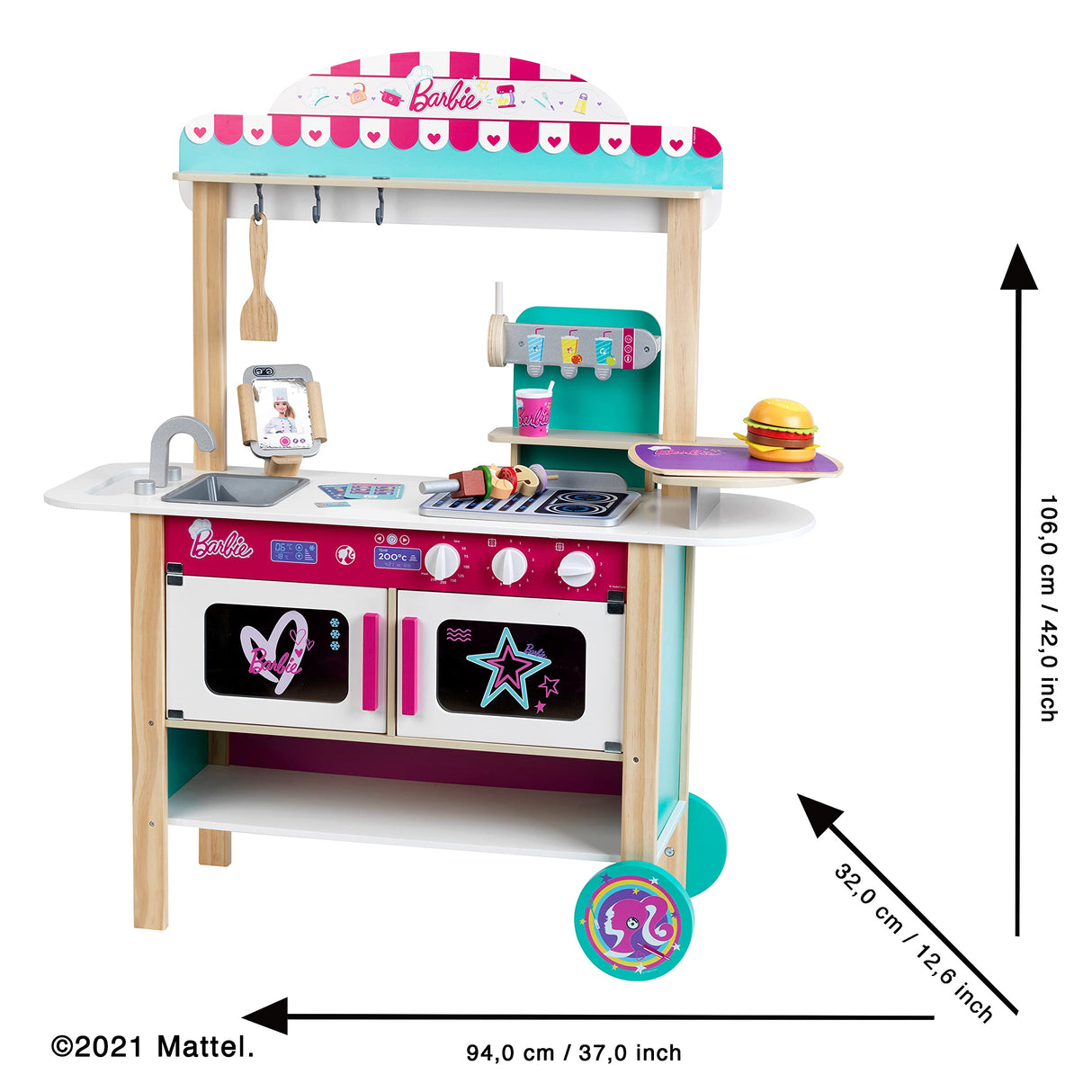 Theo Klein 7329 Cocina de Madera, Barbie Restaurante Tipo bistró, Madera (MDF), con Accesorios de bistró incluidos, Dimensiones: 94 cm x 32 cm x 106 cm, Juguete para niños a Partir de Tres años