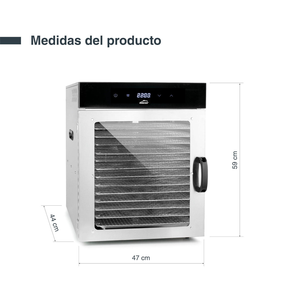 Lacor - 69524 - Deshidratador de Alimentos Dry, Gran Capacidad 14 Bandejas, Puerta Vidrio Transparente, Ventilador Silencioso, Protección Sobrecalentamiento, Uso Profesional, Acero Inoxidable, 1000W