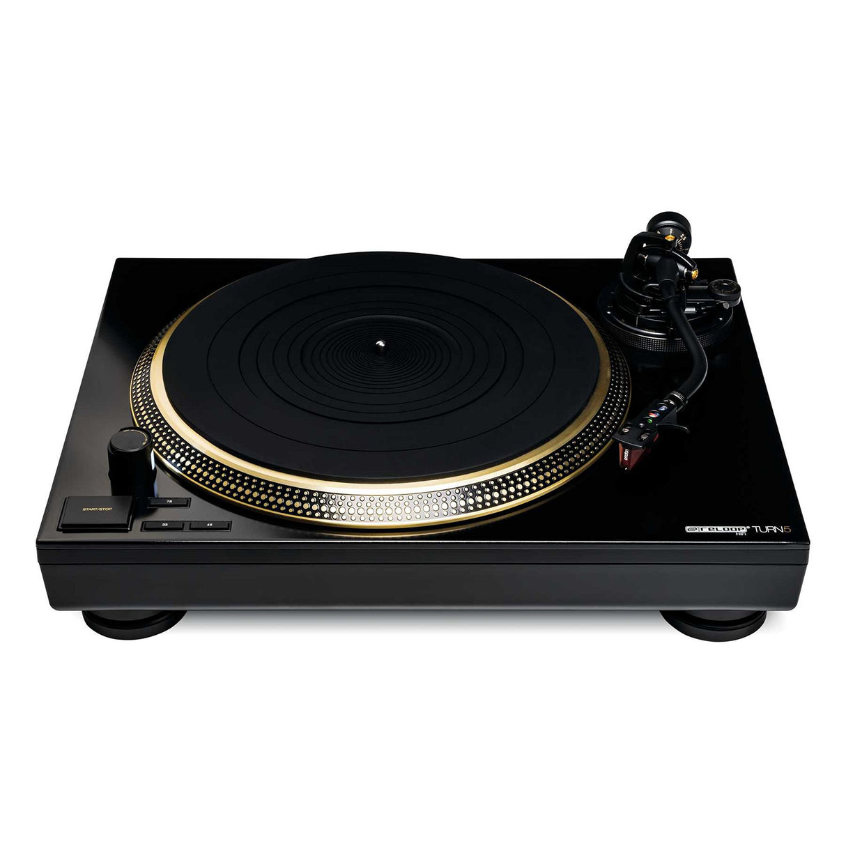 Reloop Turn 5 - Plataforma giratoria HiFi controlada por cuarzo con un potente accionamiento, Hi-Tech Ortofon 2M Red, negro-oro