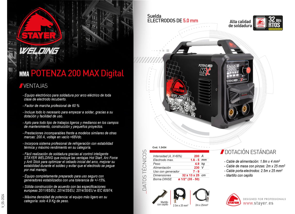 Equipo electrónico para soldadura por arco eléctrico de toda clase de electrodo recubierto. POTENZA 200 MAX Digital STAYER