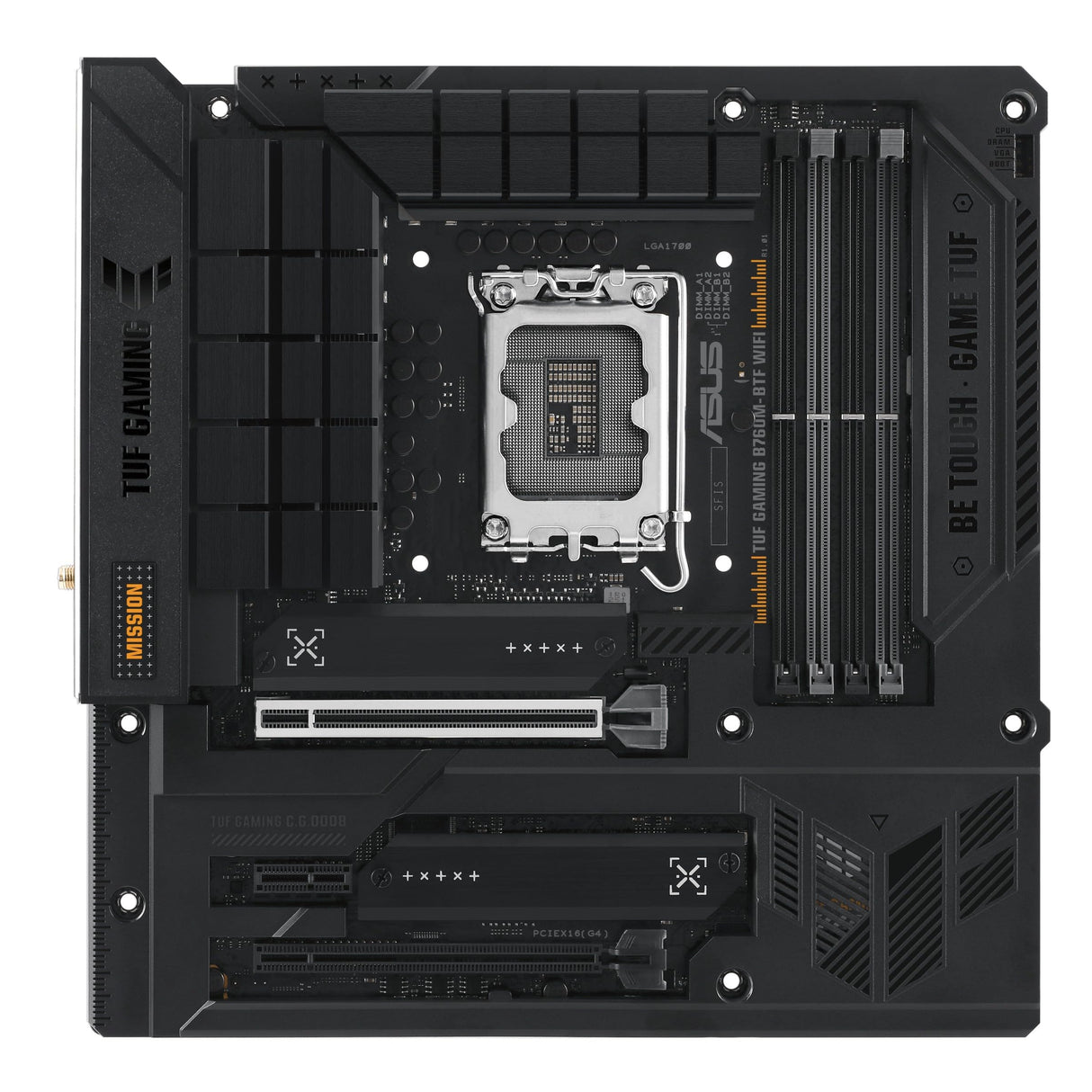 ASUS TUF GAMING B760M-BTF WIFI - Placa base Intel B760 LGA 1700 mATX (DDR5, PCIe 5.0, PCIe 4.0 M.2, WiFi 6, 2.5Gb LAN, DP, HDMI, USB 3.2 Gen 2 Tipo-C, Thunderbolt 4, conectores ocultos y Aura Sync)