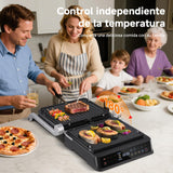 AMZCHEF parrilla eléctrica con 6 programas, función Sear hasta 280 °C, modo manual, sensor de temperatura, placas desmontables y bandeja para gofres. Ideal para carne, pescado, paninis y gofres