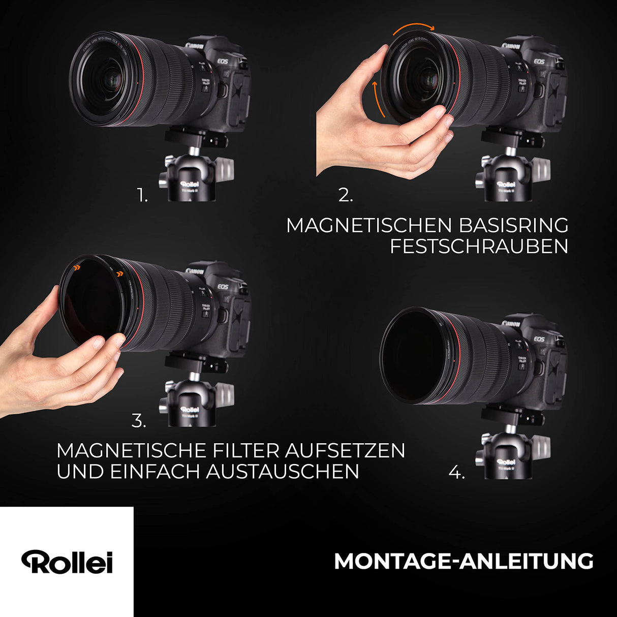 Rollei F:X Pro - Juego de filtros Redondos magnéticos ND Mark II en 62 mm. Juego de filtros magnéticos Rollei Compuesto de CPL, ND8, ND64, ND1000 y Anillo Base magnético, Ideal para la exposición