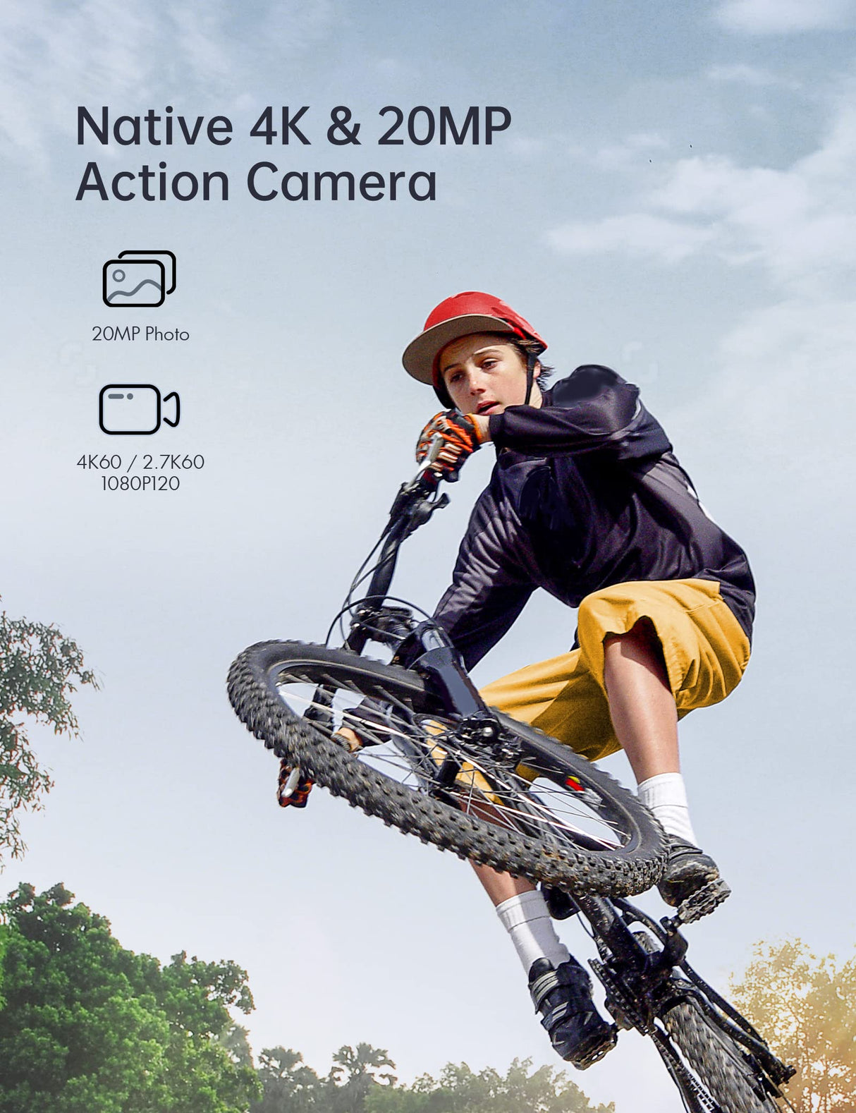 WOLFANG Cámara Deportiva GA400 4k 60FPS 24MP, 8M Barebones Cámara Deportiva con Pantalla Táctil Resistente al Agua 40m Cámara Subacuática WiFi PCcam Videocámara EIS Shakeproof Cámara de Casco