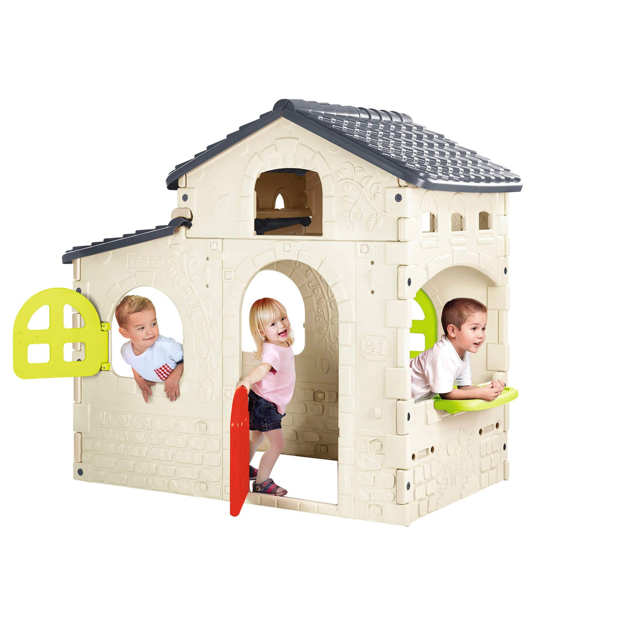 FEBER - Candy House, Casita Infantil para el Jardín, Colores Luminosos y Resistentes a la Luz Solar y Temperaturas, Fácil Montaje, Amplio Espacio con Buzón, Ventanas y Bandeja, Famosa (800012221)