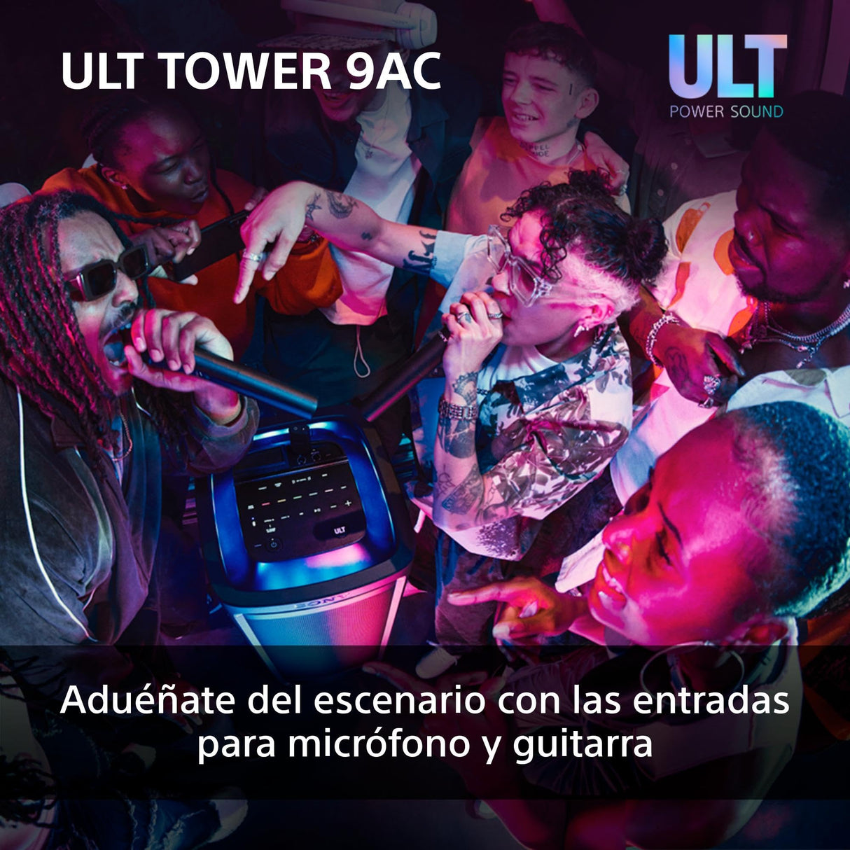 Sony ULT Tower 9AC, Altavoz Bluetooth definitivo para Fiestas, alimentación de Red, 2 Modos ULT Power Sound, Altavoz X-Balanced, iluminación y Sonido 360, entradas de Karaoke, Negro