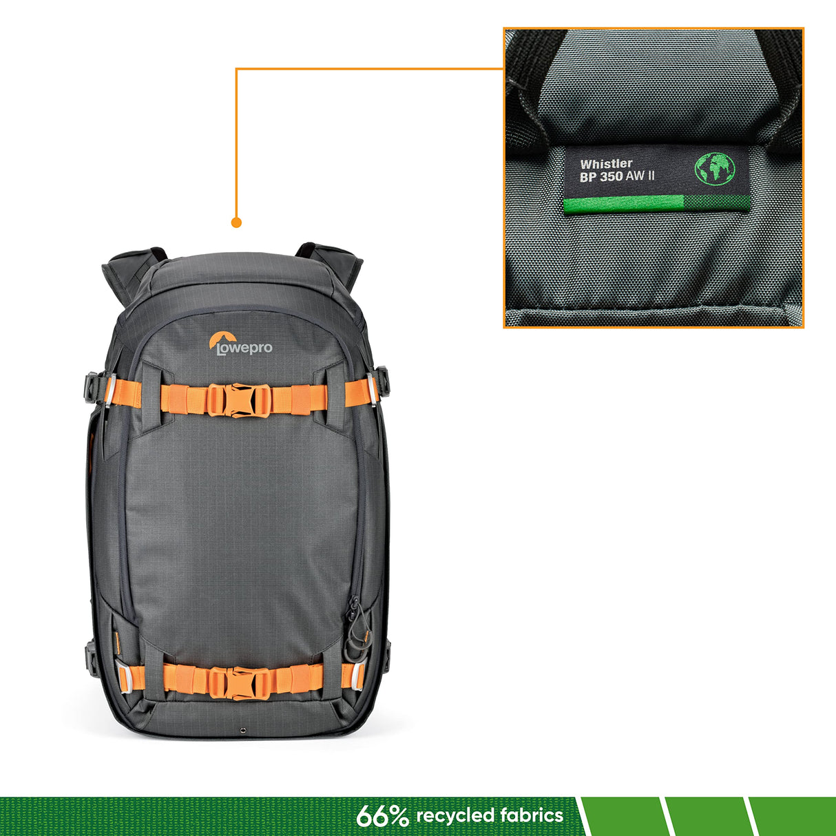 Lowepro Whistler 350 AW II, Mochila Fotográfica, Todo el Año, Tejido Reciclado, Todo los Clima, Uso Profesional, Capacidad para Portátil 13'', Almohadillas Insertables, Cámara Pro Mirrorless/DSLR