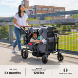 Radio Flyer Voya Stroller Wagon, Cochecito Doble, 2 Asientos Altos Cara a Cara, toldo Ajustable con protección UV, Bandeja para Aperitivos, Gris