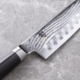 KAI Shun Classic cuchillo de cocina japonés 20 cm de longitud de hoja con alveolos - Cuchillo de Damasco 32 capas núcleo VG MAX - 61 (±1) HRC - Mango de madera Pakka - Hecho en Japón