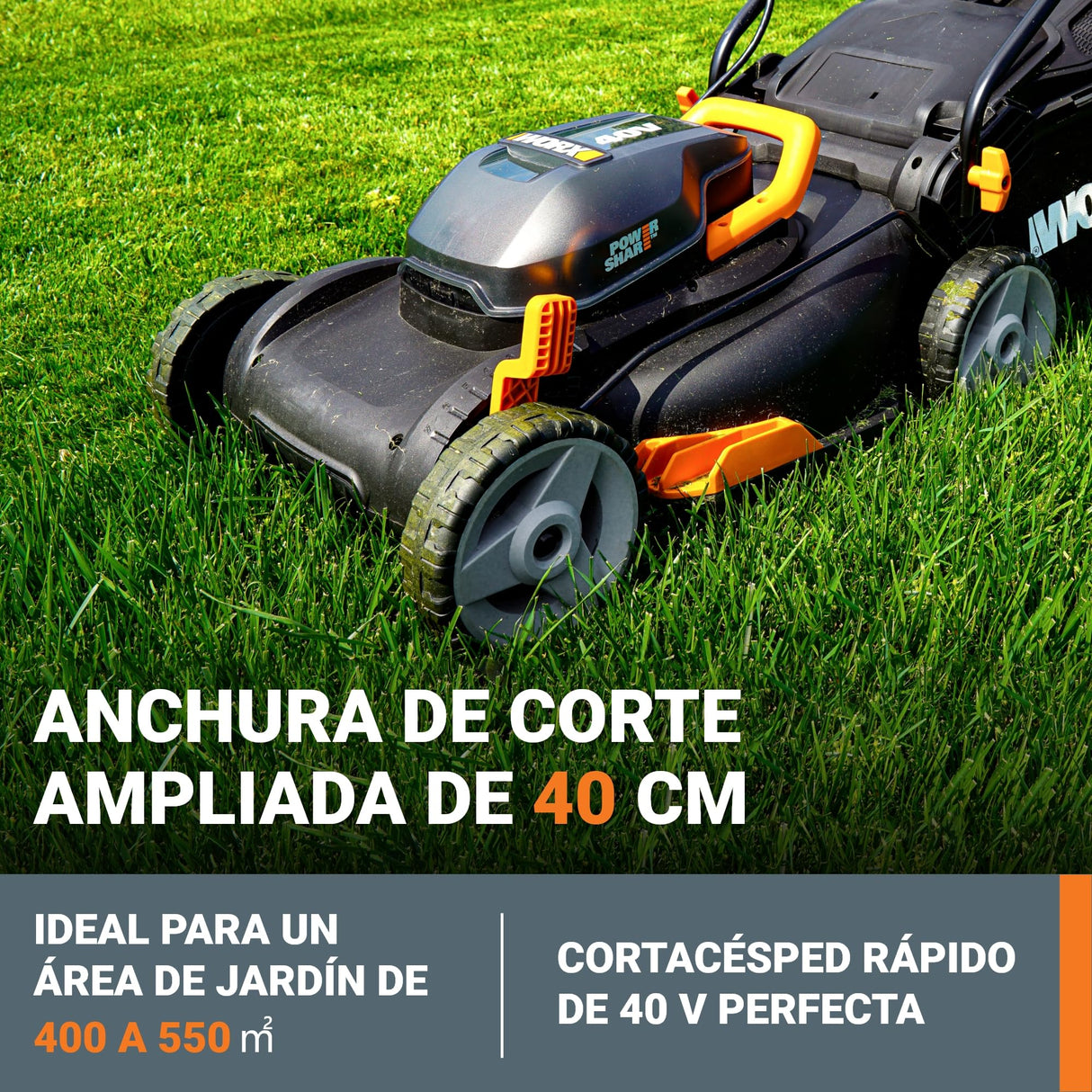 WORX Cortacésped 40V Máx. (2x20V) | PowerShare | WG743E | Incluye 2 baterías 4Ah y Cargador Doble | 40 cm | Ajuste de Altura | 6 Posiciones y 45 L de depósito