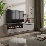 Skraut Home | Mueble TV | Televisión | Muebles de salón, almacenaje | 200x45x35cm | para TV hasta 80" | Chimenea eléctrica | Colgado, Suspendido | Estilo Moderno | Cemento