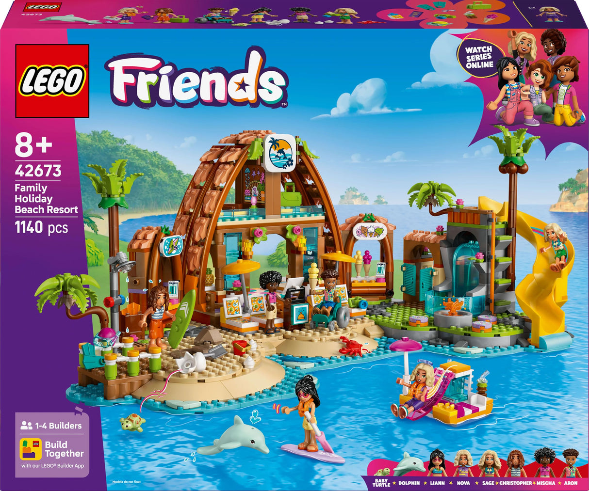 LEGO Friends Hotel de Vacaciones Familiares en la Playa - Juguete con 6 Mini Muñecas, Figuras de Animales (Tortuga y Delfín), Heladería y Accesorios - Regalo para Niñas de 8+ Años 42673