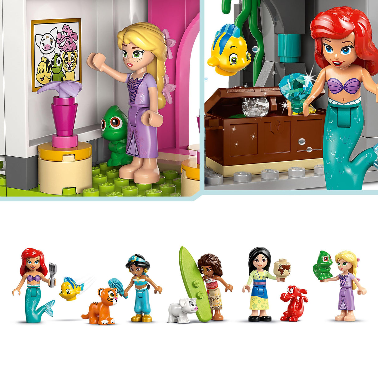LEGO | Disney Castillo de Las Princesas y Mascotas Reales - Juguete Modular Detallado - Mini Muñecas de Rapulzel, Ariel, Vaiana, Jasmine y Mulán y Animales - Regalo para Niñas de 6+ Años 43267