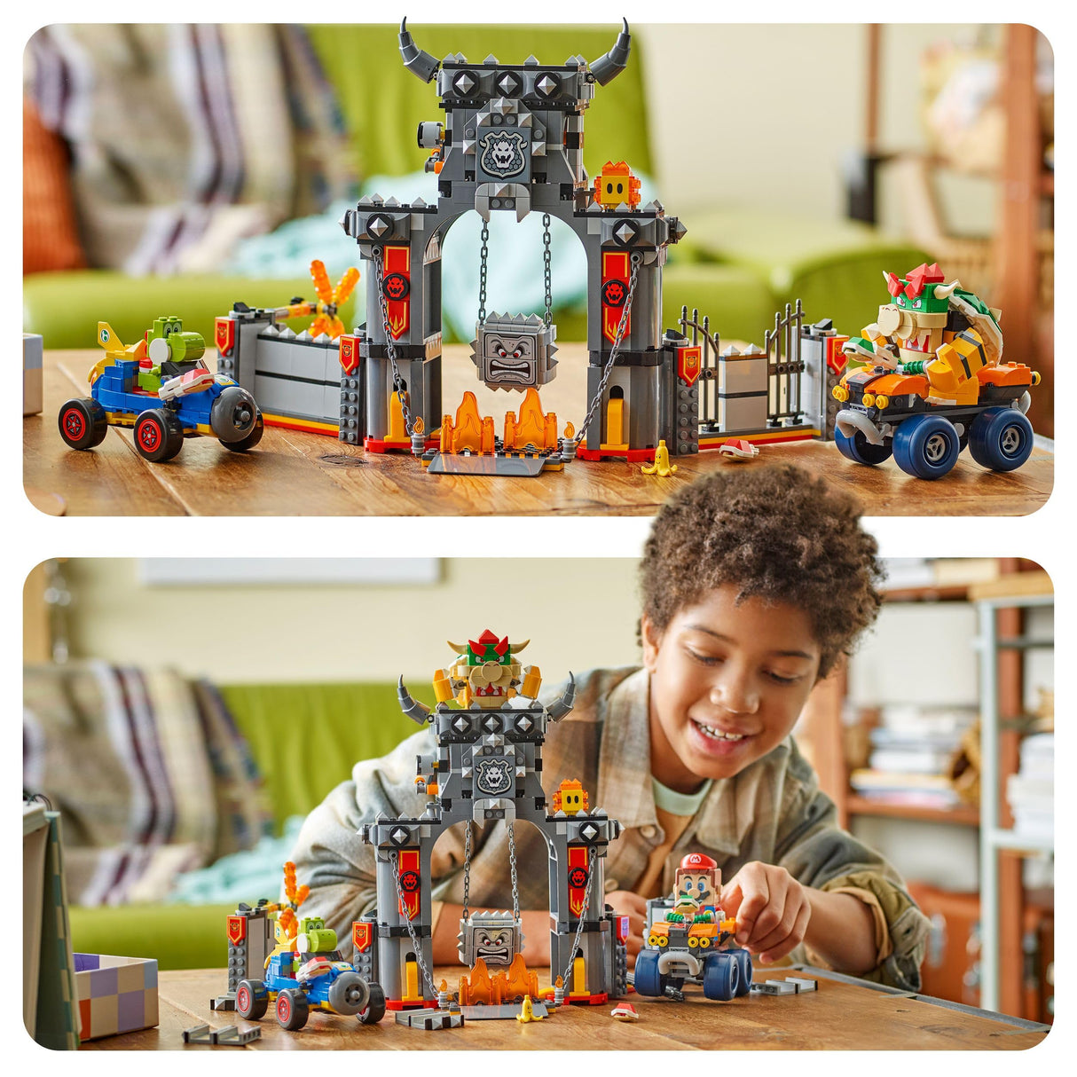 LEGO Super Mario: Mario Kart – Castillo de Bowser - Juego Interactivo con 2 Coches de Juguete y 4 Figuras Inc. Yoshi - Regalo de Nintendo para Niños y Niñas de 9+ Años 72039
