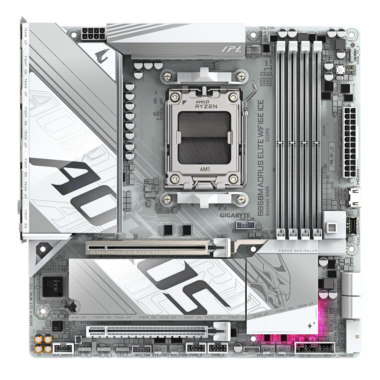 GIGABYTE B850M AORUS Elite WIFI6E Ice Placa Base - Procesadores AMD Ryzen Serie 9000, 12+2+1 Fases VRM Digitales, hasta 8200MHz DDR5 (OC), 1xPCIe 5.0 + 1xPCIe 4.0 M.2, LAN 2.5, WiFi 7, USB 3.2 Gen 2