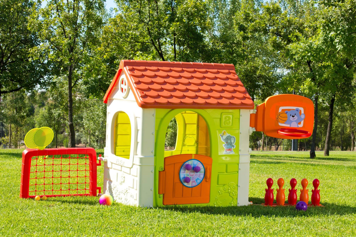FEBER - Multi-Activity House 6 en 1, Casa de Jardín con 6 Actividades Plegables, Robusto y Fácil de Montar, Protección UV, para Niños a Partir de 3 años, Famosa (800013048), Versión previa