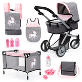 Bayer Design 18333AC Cochecito de muñeca, Convertible, Regulable en Altura, Accesorios, Bolsa, Cuna de Viaje, portabebés para muñeca, Saco de Dormir, Jeans-Gris, Rosa, Unicornio