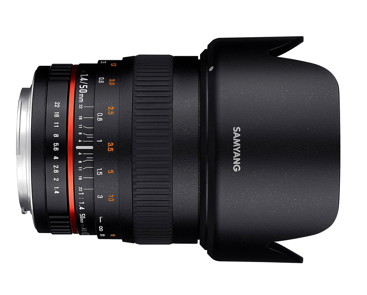 Samyang F1111109101 - Objetivo fotográfico DSLR para Micro Cuatro Tercios (Distancia Focal Fija 50mm, Apertura f/1.4-22 AS UMC, diámetro Filtro: 77mm), Negro