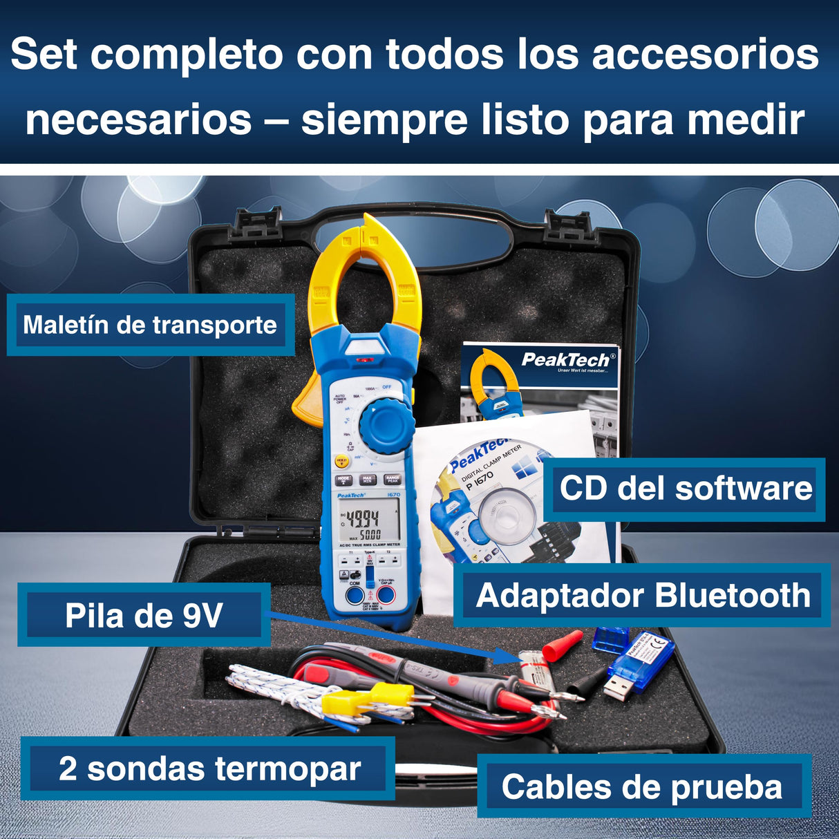 PeakTech 1670 - Pinza Amperimétrica RMS 4.0 Bluetooth y Aplicación 1000A Ac/Dc, Lámpara Led, 50000 Cuentas, Multímetro, Tuv/Gs, Pinza de Corriente, Medidor de Voltaje, Medidor de Corriente