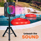Pyle Portable Bluetooth Speaker with 8" Inch Woofer, TWS, Mic Input, USB/SD/FM Radio, Colorful Ring Lights, 120 W Rechargeable Battery, Tripod Stand & Speaker Bag, Hi-Fi Sound, Outdoor/Indoor Use