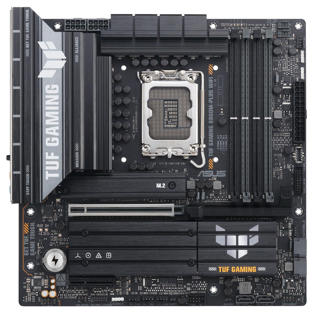 ASUS TUF Gaming B860M-PLUS WiFi, Placa Base Intel mATX, 12+1+2+1 80A etapas de alimentación DrMOS, DDR5, PCIe 5.0, 3 Ranuras M.2, Wi-Fi 7, Realtek 2.5Gb Ethernet, DisplayPort, HDMI, USB 20Gbps Tipo-C