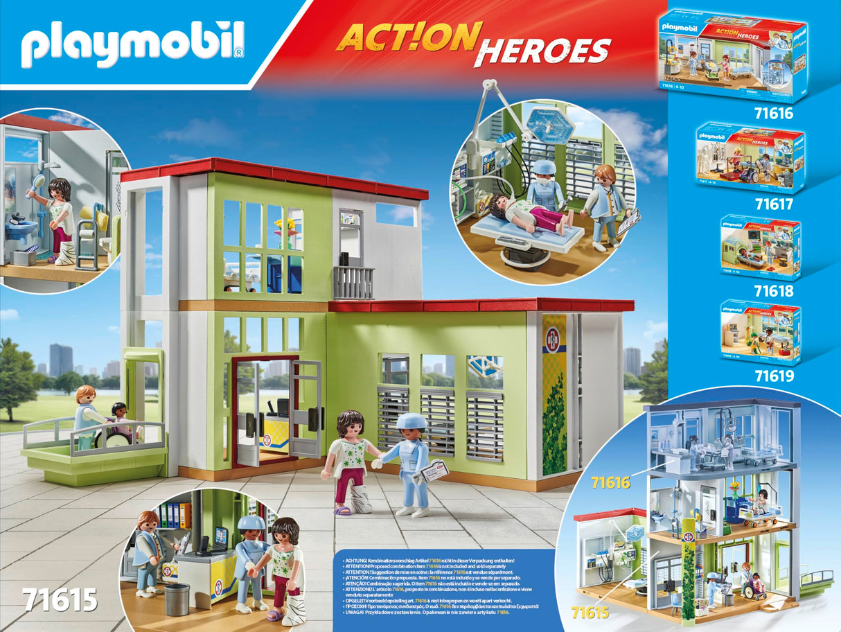 PLAYMOBIL Action Heroes 71615 Hospital Moderno, con Cuatro Figuras y Equipo médico, Hecho de más del 80% de Materiales reciclados y de Base biológica, Juguetes para niños y niñas a Partir de 4 años